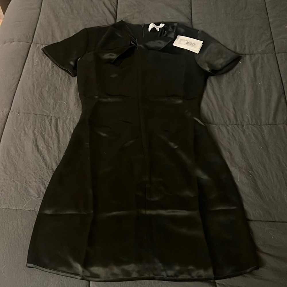 Black satin short sleeve midi dress